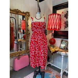 vintage 1970s red cotton sundress smocked squiggle 70s dress summer tie straps m